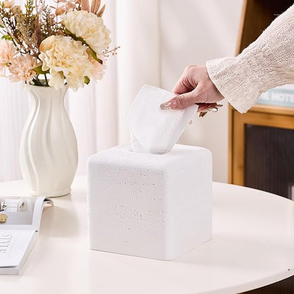 White Natural Travertine Textures Square Tissue Box Cover Holder, Resin Tissue Box Holder Decorative for Bathroom, Vanity, Kitchen Countertop, Bedroom Night Stands, Office Desk Top
