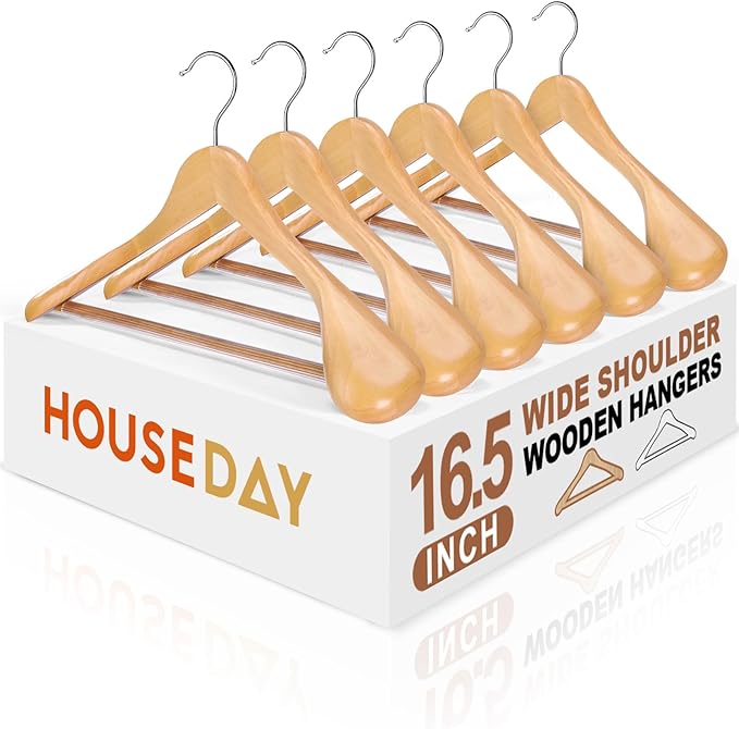 HOUSE DAY Wooden Suit Hangers 6 Pack，Heavy Duty Wide Shoulder Wooden Hangers, Solid Wood Coat Hanger with Non-Slip Pant Bar for Petite Adults, Teens and Small Suits, Coats, Jackets (Natural，16.5'')