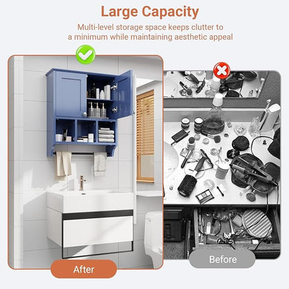 Over-The-Toilet Bathroom Storage Cabinet with Towel Bar, Space-Saving Wall Mounted Medicine Cabinet, 2 Doors & 1 Adjustable Shelf, Easy Install Blue Finish for Bathroom, Kitchen, Living Room