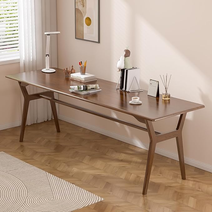 Solid Wood Study Desk - 78.8" Double Long Computer Table for Home Office, 2-Person PC Workstation, Walnut