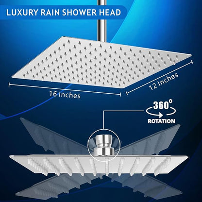 Voolan Extra Large Rain Shower Head - High Flow Square Rainfall Showerhead - Waterfall Full Body Coverage - Universal Ceiling or Wall Mount (16 * 12 Inch Rectangle, Chrome)