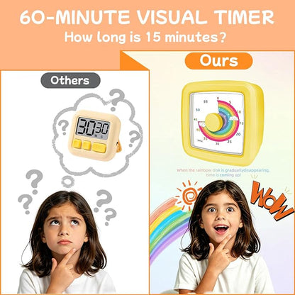 60-Minute Visual Timer for Kids, Silent Countdown Kids Visual Timer with Rainbow Design, Plastic Time Management Tool Timers for Classroom Toddler Homework Kitchen, Focus Tools for Kid,Yellow