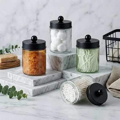 Amolliar 4 Pack Apothecary Jars Bathroom Vanity Storage Organizer Set -Countertop Canister with Stainless Steel Lids &Stickers Qtip Dispenser Holder for Cotton Swab (Green-golden Lid)