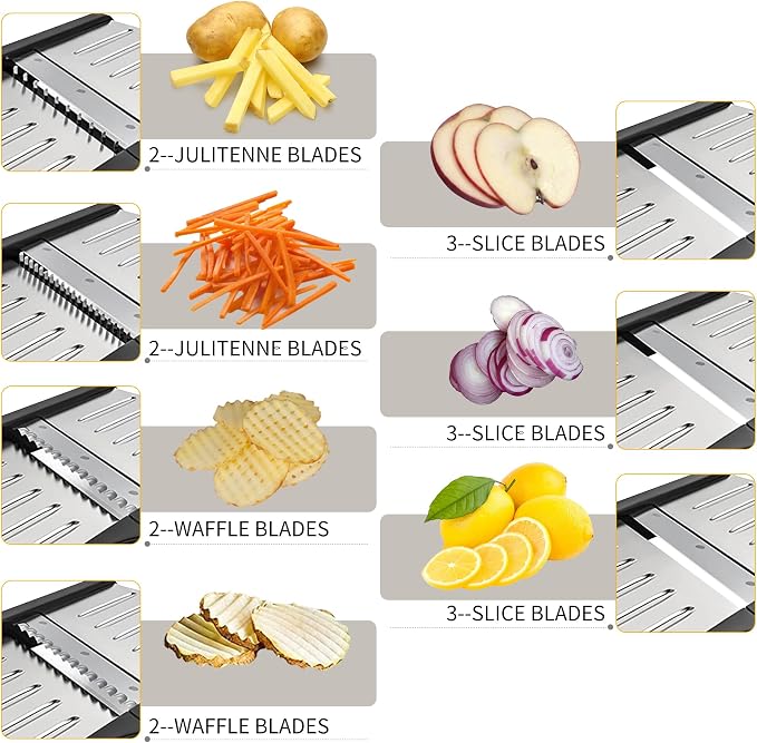 Mandoline Food slicer for kitchen, Adjustable Stainless Steel Mandoline Vegetable slicer, Food slicer Onion Potato Chip French Fry, 7 in-1 Adjustable Blade, Including 1 Pair of Gloves