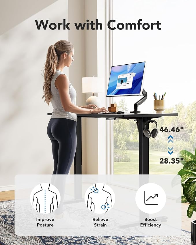 HUANUO Electric Standing Desk, Whole Piece Desktop, Adjustable Height Computer Desk, 4 Height Memory Settings, Sit Stand Up Desk for Home Office, 48" x 30", Black
