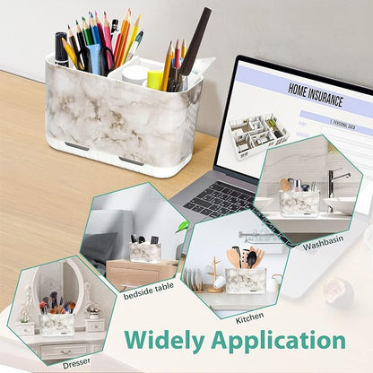 Boperzi Electric Toothbrush Holder for Bathroom Organizer Countertop, Detachable Anti-Slip Toothpaste Storage Caddy 6 Slots White Marble with Drainage Holes for Makeup Brush Razor Stand
