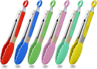 HINMAY Small Tongs Set 7-Inch Mini Tongs with Silicone Tips, Set of 6 (Red Blue Green Pink Mint Yellow)