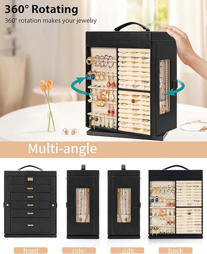 AKOZLIN Jewelry Box 6-Tier Organizer Functional 360° Rotating Jewelry Storage Case for Women Girls Ring Necklace Earring Bracelet Holder with Mirror