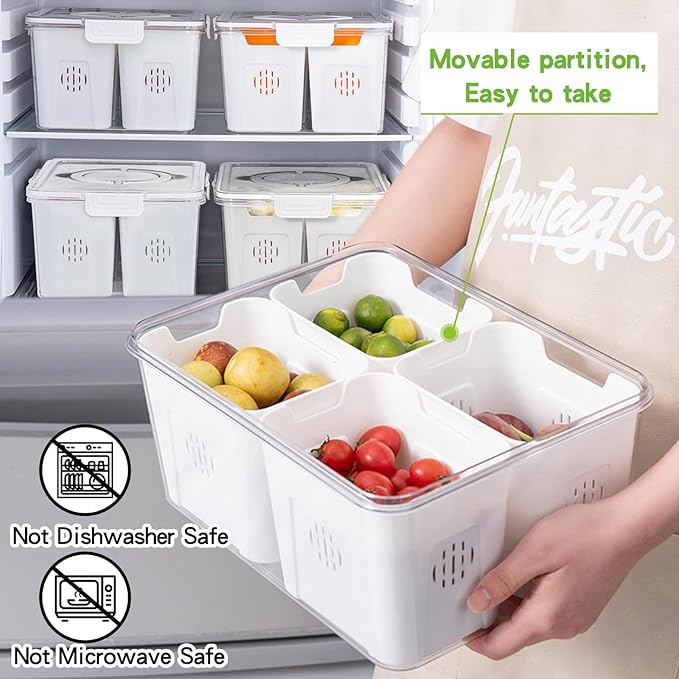 Stackable Refrigerator Organizer Bins with Lids, 4-Compartment Fridge Storage Container with Colanders & Handles, Clear Airtight Food Saver for Fruit, Vegetables & Berries