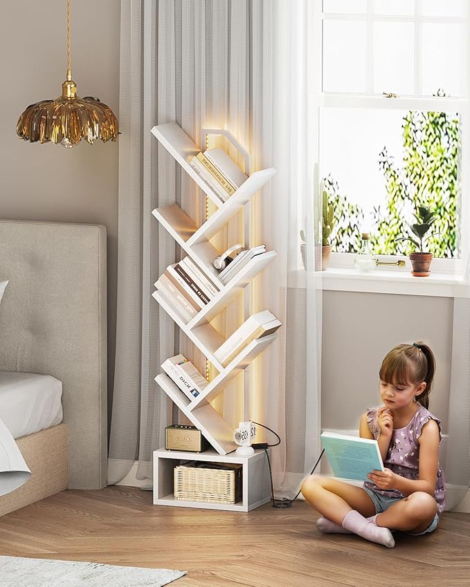Casaottima Tree Bookshelf with LED Lights, 6-Tier Narrow Bookcase for Small Spaces, Tall Steel & Wood Storage Shelf with Cabinet, Home Decor & Organizer for Living Room/Bedroom/Home Office, White