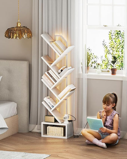 Casaottima Tree Bookshelf with LED Lights, 6-Tier Narrow Bookcase for Small Spaces, Tall Steel & Wood Storage Shelf with Cabinet, Home Decor & Organizer for Living Room/Bedroom/Home Office, White