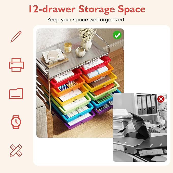 GOFLAME 12-Drawer Rolling Storage Cart, Multifunctional Art Craft Organizer Cart, Mobile Utility Storage Cart with Removable Drawers & Lockable Wheels, Craft Cart for Home Office School, Multicolored
