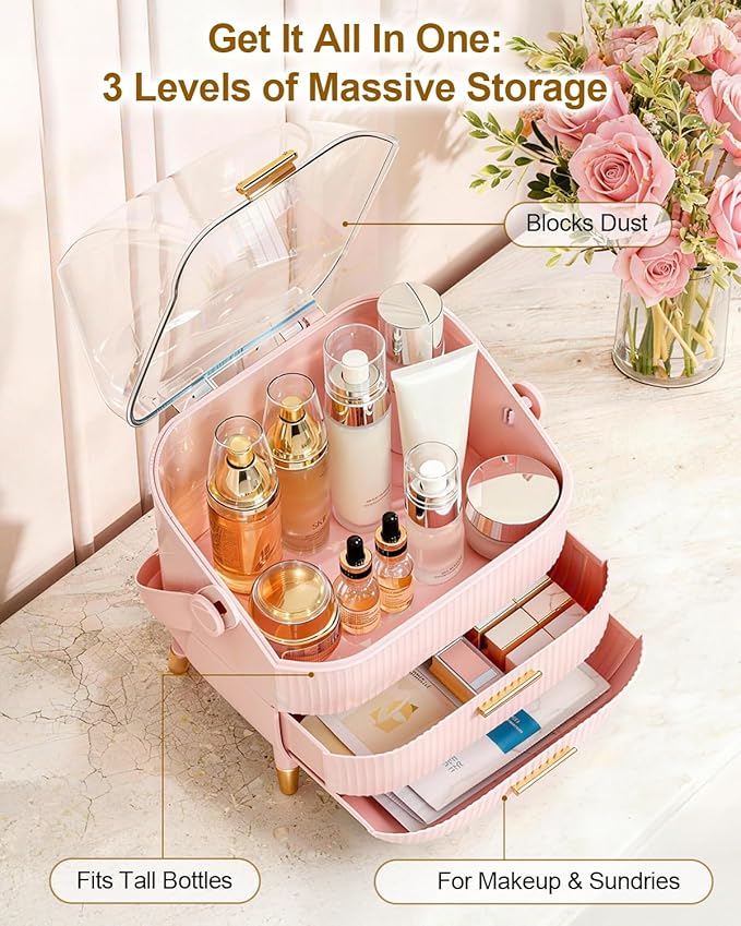 Makeup Organizer and Storage for Bathroom Vanity Countertop, Portable Travel Cosmetic Display Cases with Lid and Drawers, Gift for Women and Girls -Pink
