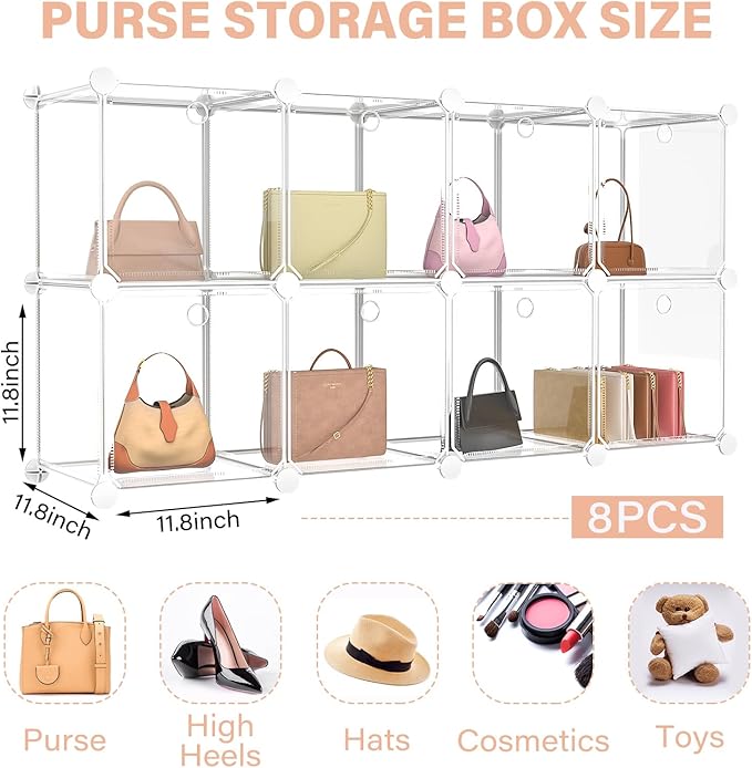 8 Pack Purse Organizer for Closet Purse Storage Box with Door Clear Display Case Handbag Organizer Dustproof Storage Bins for Hat Wallet Book Toy Cosmetic