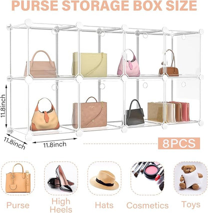 8 Pack Purse Organizer for Closet Purse Storage Box with Door Clear Display Case Handbag Organizer Dustproof Storage Bins for Hat Wallet Book Toy Cosmetic