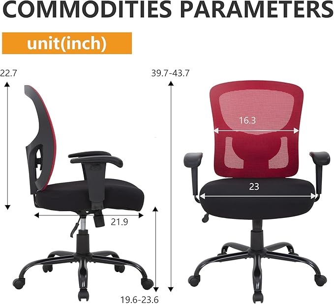 BestOffice Big & Tall Office Chair, 400 lb Capacity Mesh Desk Seating with Lumbar Support, Wide Seat, Adjustable Arms, Rolling Swivel High-Back Ergonomic Executive Task Model for Home Office, Red