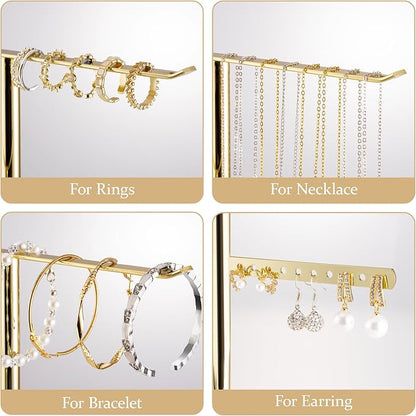 pickpiff Jewelry Stand Holder Organizer: 12.5" Sturdy Hanger for 80 Pcs Jewelry, Jewlery Tower for Display Necklace, Earring, Bracelet, Watch, Mirrored Gold