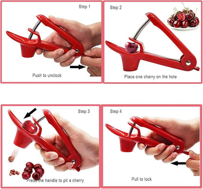 Cherry Pitter Tool, Heavy-Duty Stainless Steel Pitting Tool, Portable Cherries Corer Stoner Seed Tool with Lock Design, Fruit Pit Remover for Cherry Jam (Red)