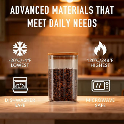 37oz Airtight Glass Square Storage Canisters with Bamboo Lids Set of 4 (1100ml) Striped Stackable Containers, Decorative Kitchen Jars for Tea, Nuts and Coffee (‎with Black Lable)