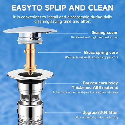 Universal Bathroom Sink Stopper Hair Catcher, Pop-up Sink Drain Strainer with Removable Stainless Steel Strainer Basket, Bathroom Sink Strainer for Bathroom Sink Stopper Replacement (2pack)