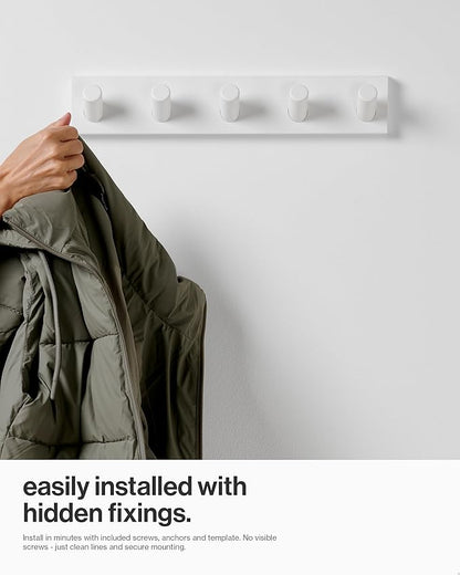 LARHN Wall Mounted Coat Rack, White with 5 Heavy-Duty 1" Diameter Hooks (2-Pack), 16.5" - Wall Hook Rack - Modern Scandinavian Home Decor