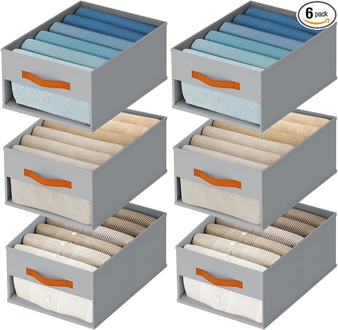 Homsorout Drawer Organizers and Storage - 6 Pack Foldable Pants Organizer with Clear Window & Handles, Fabric Closet Organizer for Clothes, Jeans, Sweaters, Towels, T-shirt, Scarf (Grey)