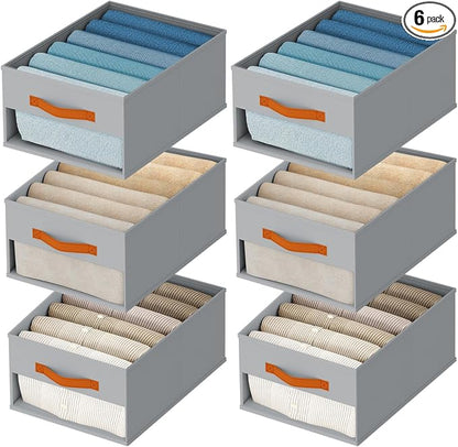 Homsorout Drawer Organizers and Storage - 6 Pack Foldable Pants Organizer with Clear Window & Handles, Fabric Closet Organizer for Clothes, Jeans, Sweaters, Towels, T-shirt, Scarf (Grey)