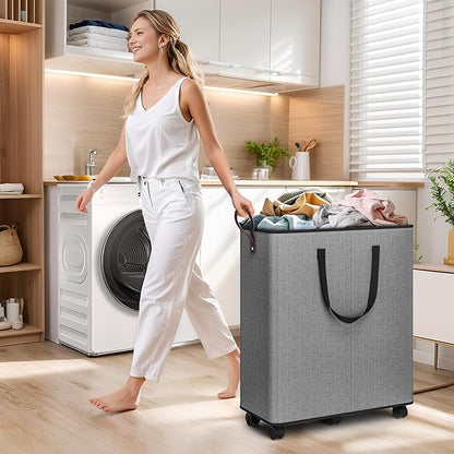 SpaceTrove Laundry Basket with Wheels, Collapsible Laundry Baskets, Laundry Hamper with Handles Detachable Wheels, Rolling Laundry Basket, Dirty Clothes Hamper for Bathroom, Dorm, Bedroom, Grey, 155L