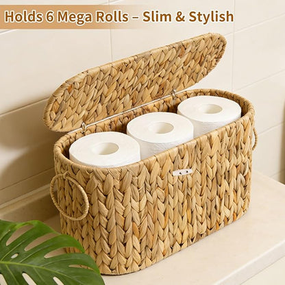 Toilet Paper Storage Basket with Lid, Water Hyacinth Slim Toilet Paper Holder - Holds Up to 6 Mega Rolls, Wicker Basket for Bathroom Organization, Natural