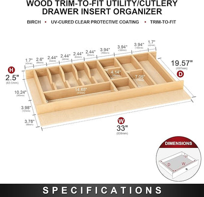 Clikuutory Natural Birch Wood Utensil Drawer Insert Organizer with 15 Compartments, Space-Saving Sturdy Drop-In Cutlery Divider Tray, Kitchen Cabinet Storage for Silverware, Spoons, Forks and Knives