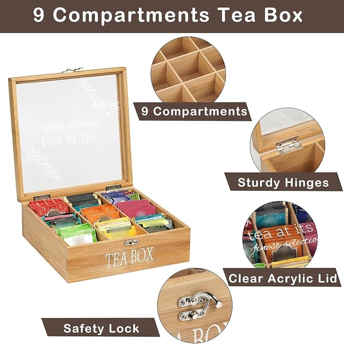 Tea Box Organizer,Decorative Tea Storage,BambooTeas Bag Holder Organizer,Modern Teas Organizers and Storage with 9 Compartments for Coffee,Tee & Sugar Pods,Packets & More