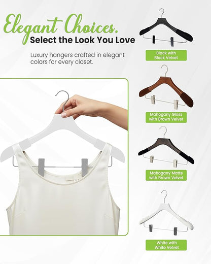 Wooden Hangers with Clips for Women, Solid Wood Skirt & Suit Hangers, Heavy-Duty Adjustable Non-Slip Design with Velvet Grip, White with White Velvet, 12 pcs