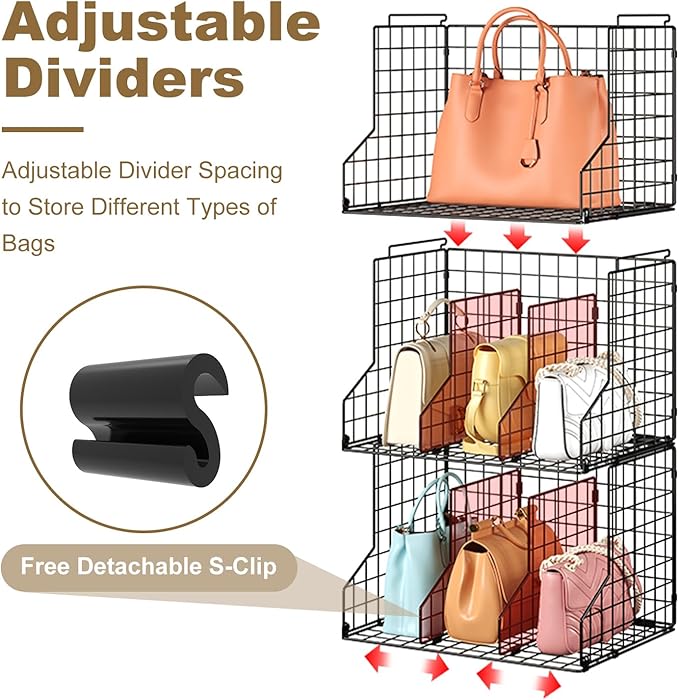 Sonyabecca Purse Storage Organizer for Closet : Adjustable 3-Pack Dividers Handbag Organizer - Stackable Wire Handbags Storage Baskets -Open Cabinets Wallets Tote Chain Bags Clutches