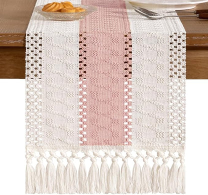 Socomi Boho Table Runner Macrame Long Valentine's Day Farmhouse Woven Cotton Linen Rustic Coffee Table Runner with Tassels for Dresser Scarf Home Decor Dining Room 12x108 inPink Ivory