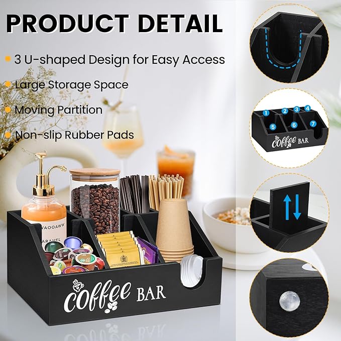Coffee Station Organizer, Coffee Cup Holder for Counter, Wood Coffee Pod Holder Storage Basket, Tea Condiment Organizer for K Cup Sugar, Rustic Coffee Bar Decor for Coffee Accessories