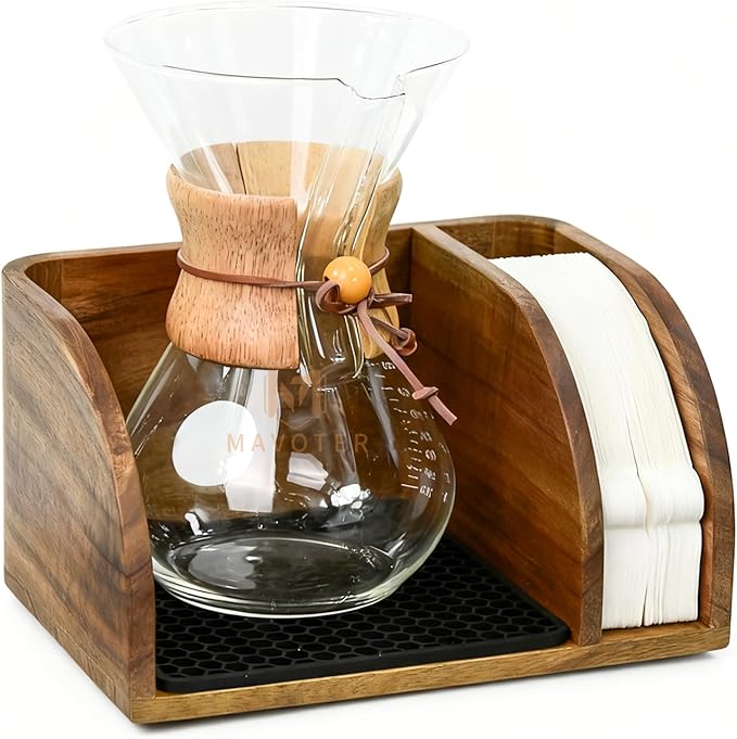 Acacia Wood Coffee Bar Station Organizer Stand, Wooden Pour Over Maker Caddy Storage Organizers, Coffee Filter Holder for Countertop with Heatproof Mat (9.4*7*5.1 inch) Glass Coffee Maker not included