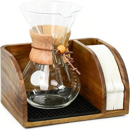 Acacia Wood Coffee Bar Station Organizer Stand, Wooden Pour Over Maker Caddy Storage Organizers, Coffee Filter Holder for Countertop with Heatproof Mat (9.4*7*5.1 inch) Glass Coffee Maker not included