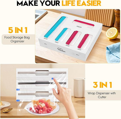 9 in 1 Foil and Plastic Wrap Dispenser with Cutter, White Bamboo Ziplock Bag Organizer for Drawer - Holds Gallon, Quart Bags & Aluminum Foil/Wax Paper, Wall Mountable Kitchen Storage