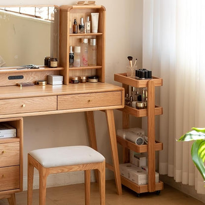 4-Tier Rolling Utility Cart with Lockable Wheels – Solid Oak Mobile Storage Trolley & Shelving Organizer for Kitchen, Living Room(Natural, 7.87" D x 15.75" W x 31.89" H)