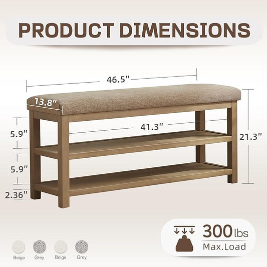 Shoe Rack Bench with Cushion, 2 Tier Solid Wood Storage Bench, Mid-Century Modern Shoe Bench for Entryway, Hallway, Closet, Front Door Entrance, Foyer (Brown, 46.5")