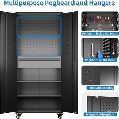 Garage Storage Cabinet with Wheels and Doors,Lockable Metal Storage Cabinet with Drawer Pegboard and Hooks for Garage Warehouse Home,Required Assembly,Black,71" H×15" D×30" W