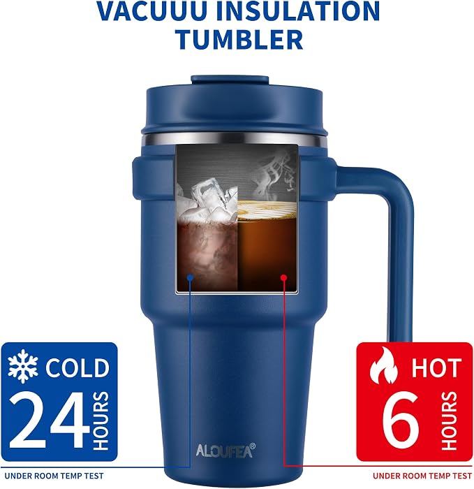 20 oz Insulated Coffee Mug Tumbler with Handle, Stainless Steel Travel Mug Tumbler with Lid and Straw,Double Wall Vacuum Leak Proof Ice Coffee Thermal Cup, Navy/Dark Rainbow