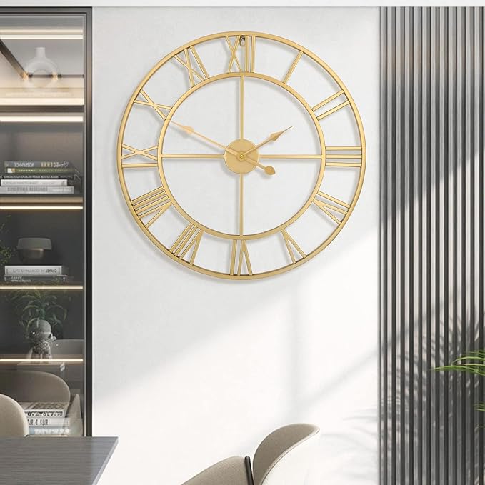 Vintage Retro Roman Numerals Metal Gold Large Wall Clock - 24 Inch Silent Non-Ticking Decorative, Battery Operated for Farmhouse, Kitchen, Bedroom