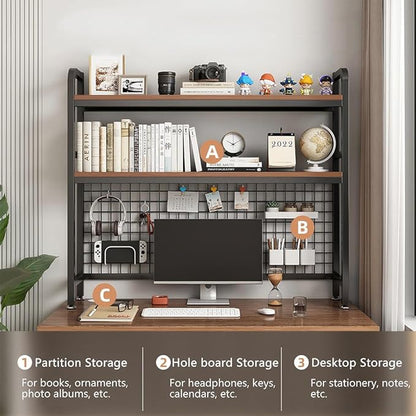 Desktop Hutch Bookshelf, 2-Tier Metal Desk Shelf with Grid Panel, Wooden Desktop Display Rack for Computer Monitor, Countertop Storage Organizer for Office Home Dorm (115cm Black)
