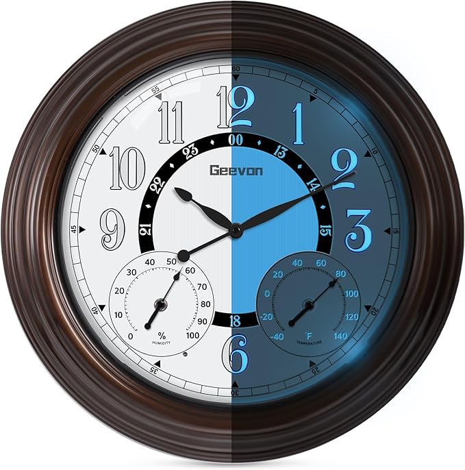 Geevon Illuminated Indoor Outdoor Clocks Waterproof 18 inch with Smart Sensor,Large Wall Clock with Thermometer & Hygrometer for Kitchen, Living Room, Bedroom,Decorations, Rubbed Bronze