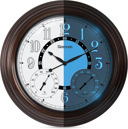 Geevon Illuminated Indoor Outdoor Clocks Waterproof 18 inch with Smart Sensor,Large Wall Clock with Thermometer & Hygrometer for Kitchen, Living Room, Bedroom,Decorations, Rubbed Bronze