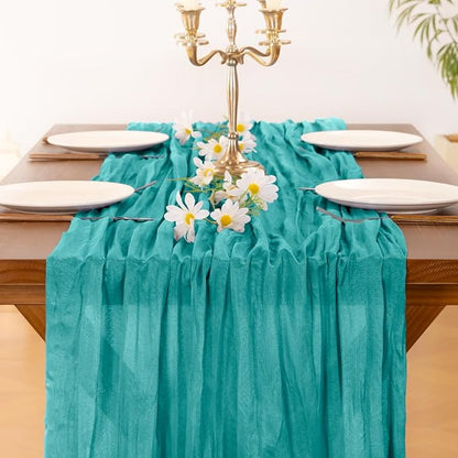 Socomi 3pcs Teal Blue Spring Cheesecloth Table Runner Boho Rustic Gauze 120 inch 10FT Cheese Cloth Runner for Wedding Party Baby Shower Birthday Home Decor