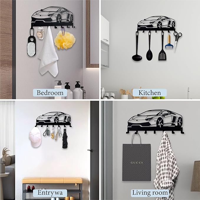 Metal Car Key Holder for Wall,Metal Key Organizer Wall Decorative with 7 Hooks,Black Wall Mount Key Holder for Entryway,Front Door,Hallway,Office