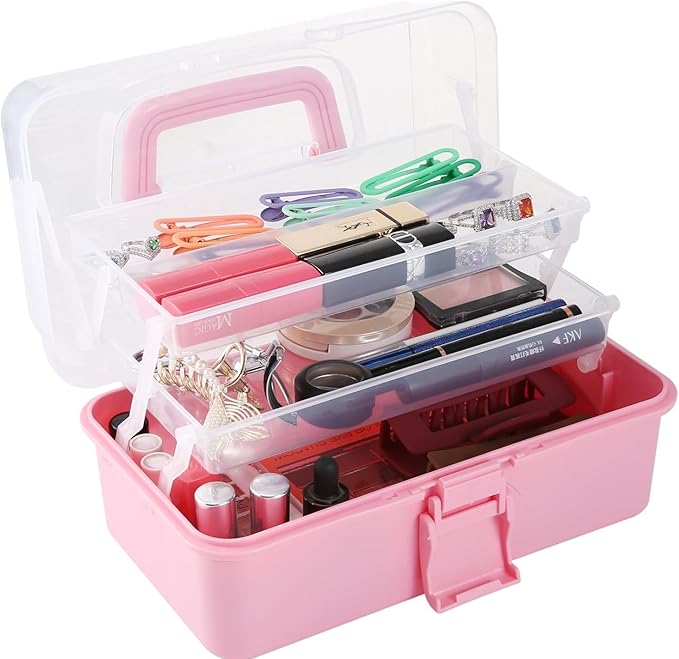 Flower River 11(in) Versatile Three-Layer Folding Organizer Box,Ideal for Art & Crafts,Toys,Sewing Supplies,Jewelry and Tools,Storage with Dual Trays,Elegant Pink