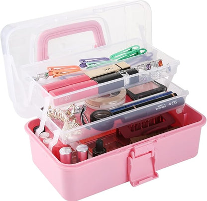 Flower River 11(in) Versatile Three-Layer Folding Organizer Box,Ideal for Art & Crafts,Toys,Sewing Supplies,Jewelry and Tools,Storage with Dual Trays,Elegant Pink